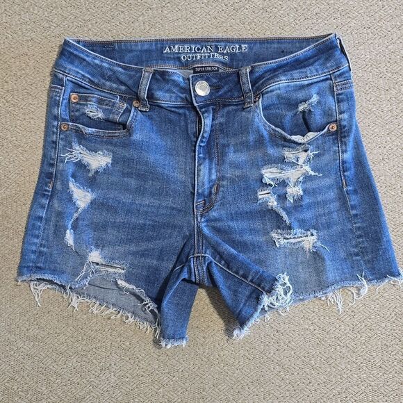 American Eagle Hi Rise Shortie Super Stretch Distressed Jean Shorts - Size 10 - Picture 1 of 12